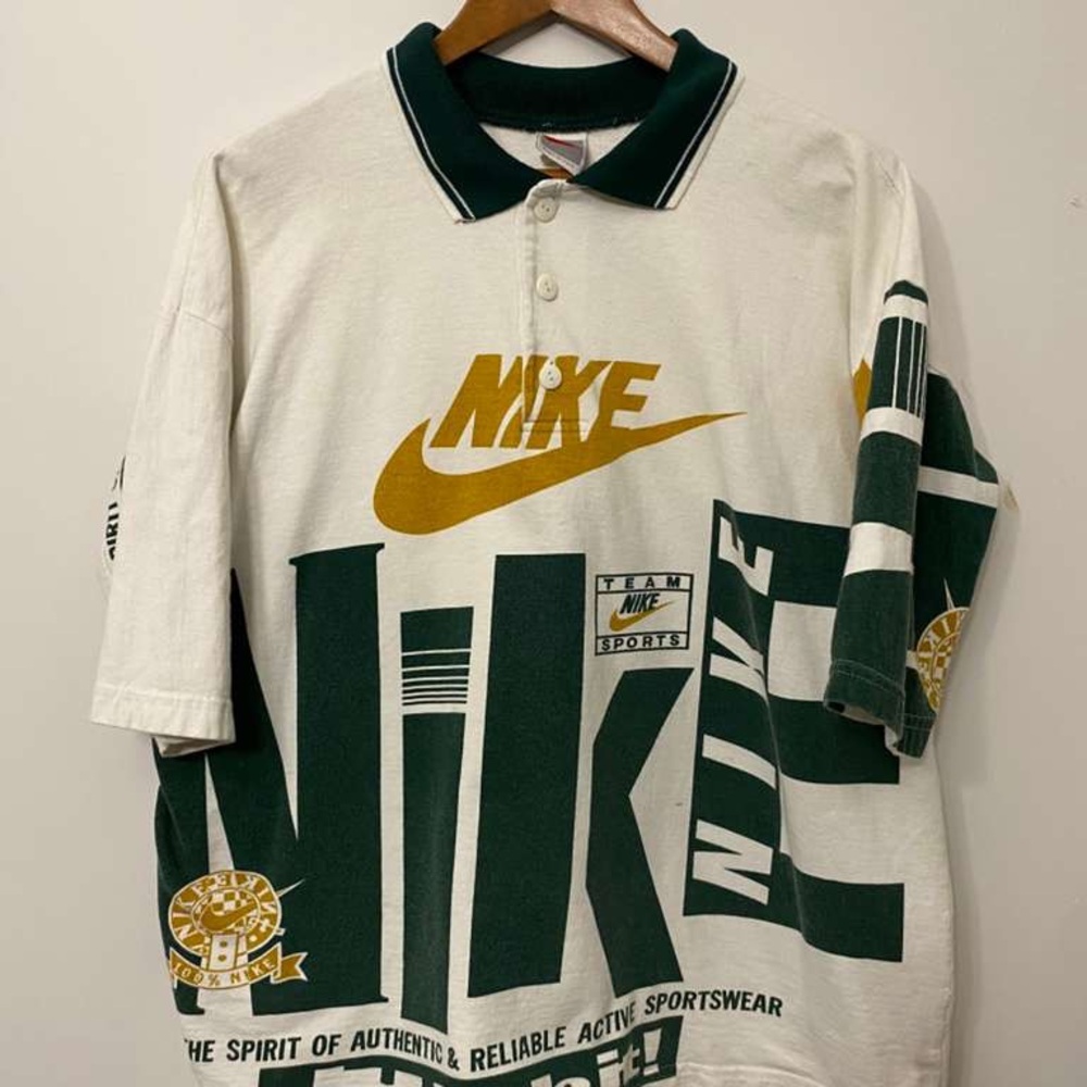Nike Men's White and Gold Polo Shirt with Green Accents